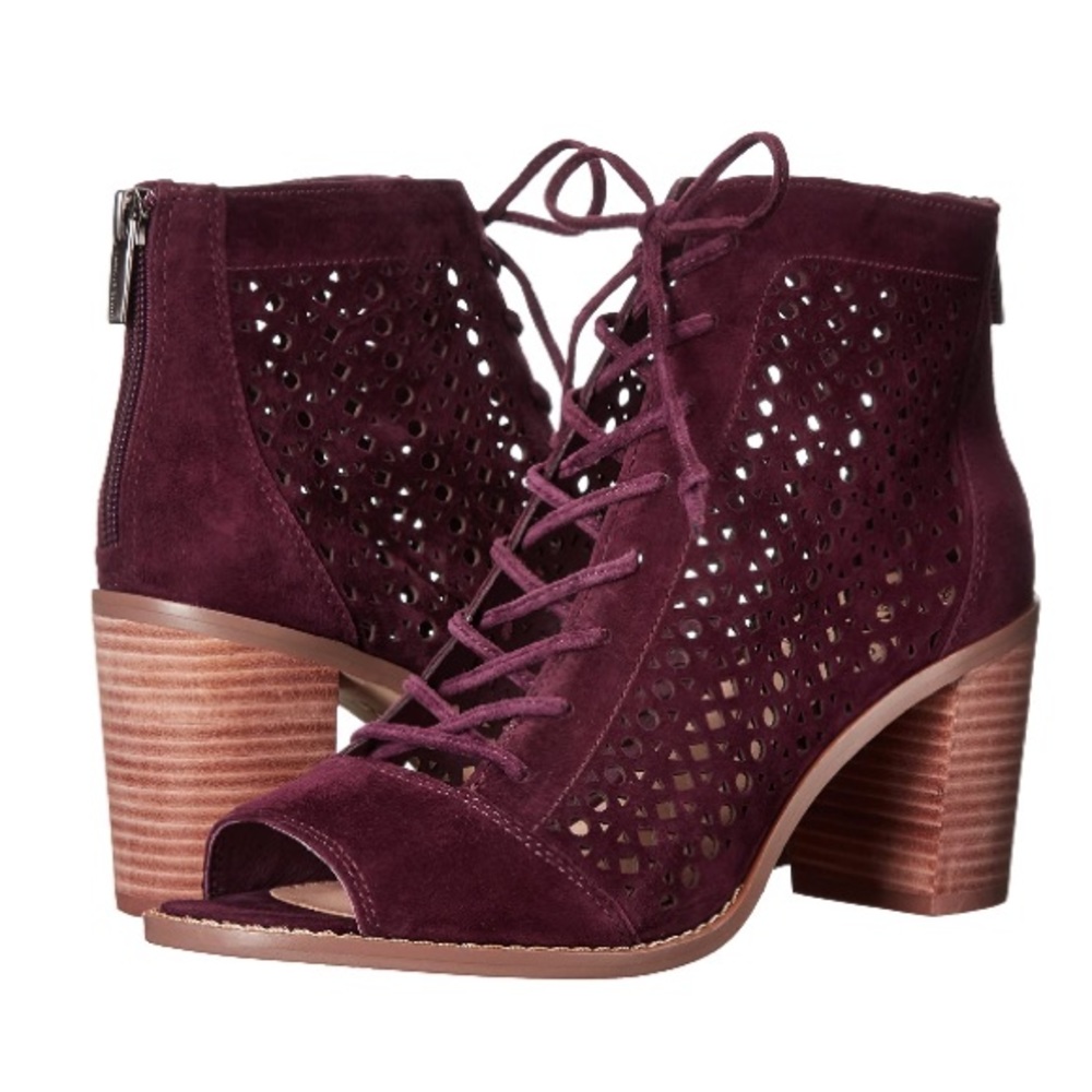 Vince Camuto Wine Burgundy Suede Lace-Up Peep Toe Ankle Boots